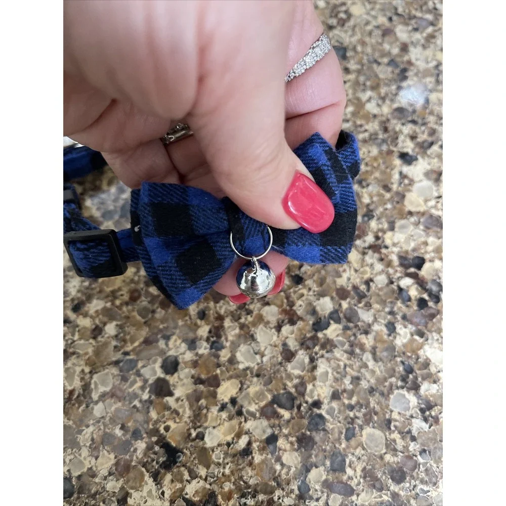 Cat Collar Breakaway with Bell and Bow Tie Blue Plaid‎ Adjustable Kitten Collar